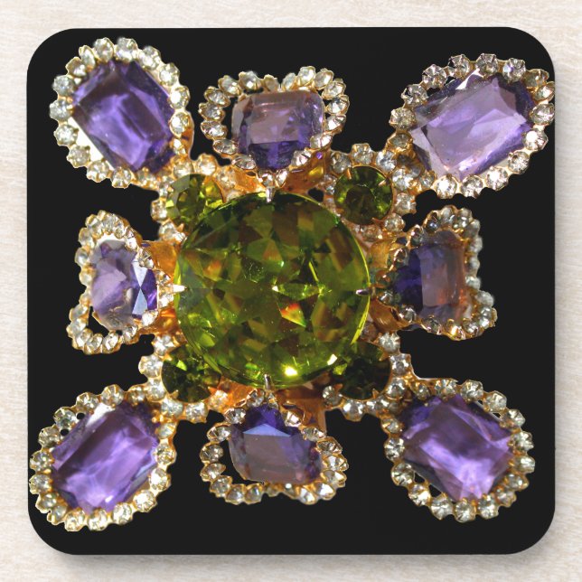 Elegant diamonds purple green gemstones beverage coaster (Front)