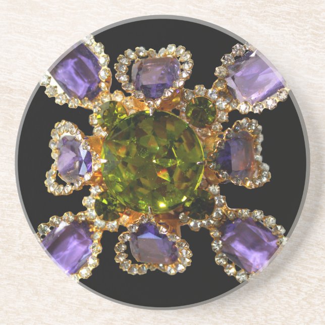 Elegant diamonds purple green gemstones drink coaster (Front)