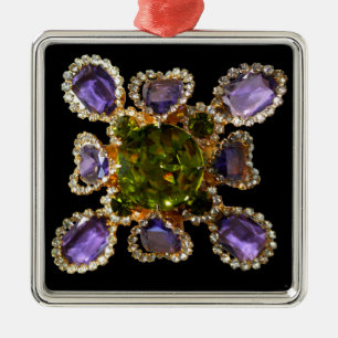 Elegant diamonds purple green gemstones metal ornament