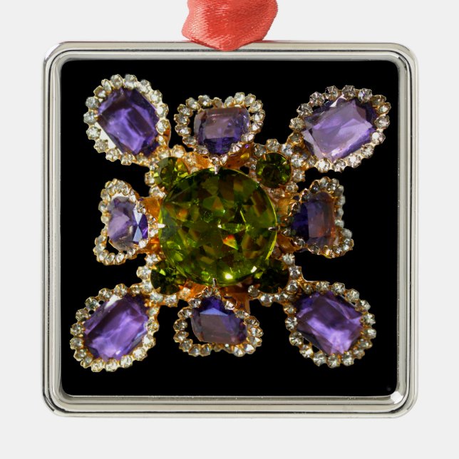 Elegant diamonds purple green gemstones metal ornament (Front)