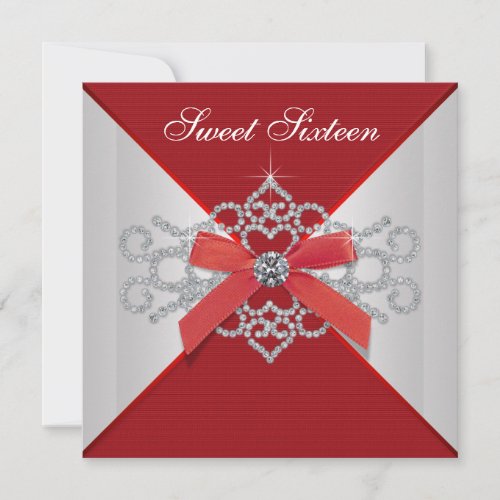 Elegant Diamonds Red Sweet 16 Birthday Party Announcement