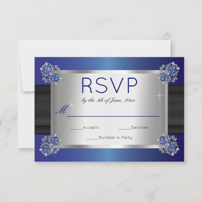 Elegant Diamonds Sapphire Clasps Blue Wedding RSVP (Front)