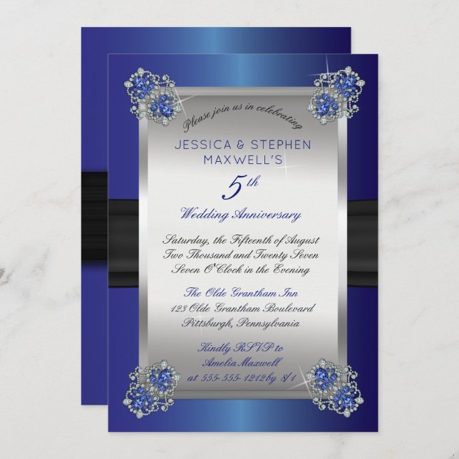 Elegant Diamonds Sapphires Blue 5th Anniversary Invitation (Front/Back)