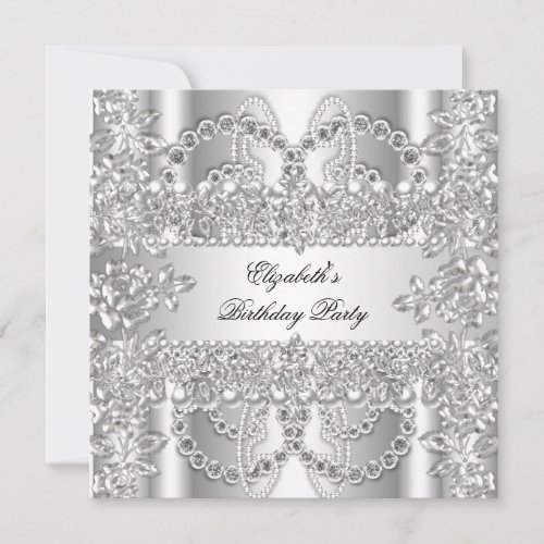 Elegant Diamonds Silver Floral Birthday Party Invitation