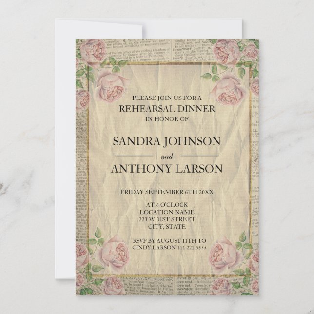 Elegant  Dictionary Print and Roses Rehearsal Invitation (Front)