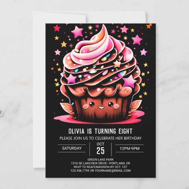 Elegant Digital Cupcake Girl Birthday Invitation (Front)