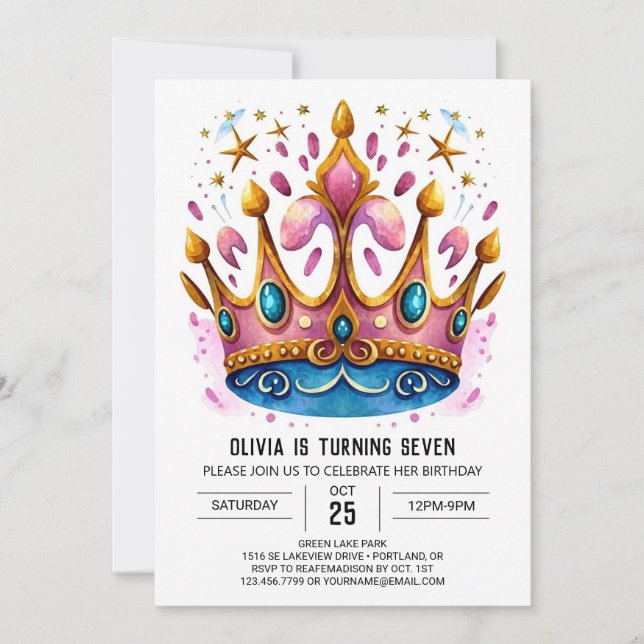 Elegant Digital Princess Crown Birthday Invitation (Front)
