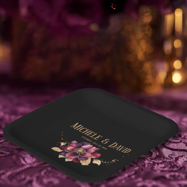 Elegant dining on Black Gold Burgundy Square Paper Plates (Creator Uploaded)