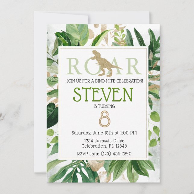 Elegant Dinosaur Green and Gold Birthday Invitation (Front)