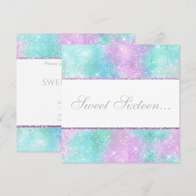 ELEGANT DISCO AQUA GLITTER SWEET 16 INVITATION (Front/Back)