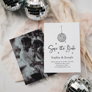 Elegant Disco Ball Black and White with Photo Save The Date