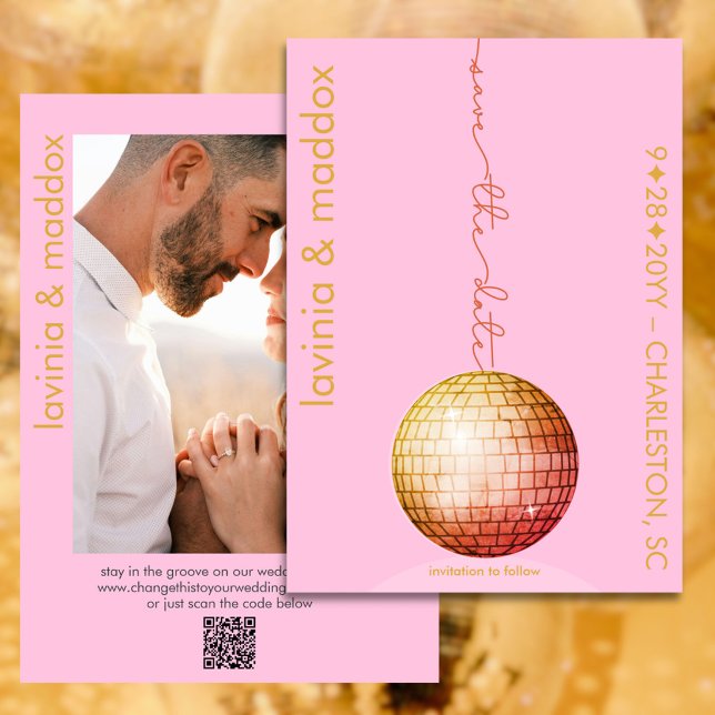 Elegant Disco Ball Photo Pink Gold QR Code Wedding Save The Date (Elegant disco  pink and gold save the date with photo and QR code)
