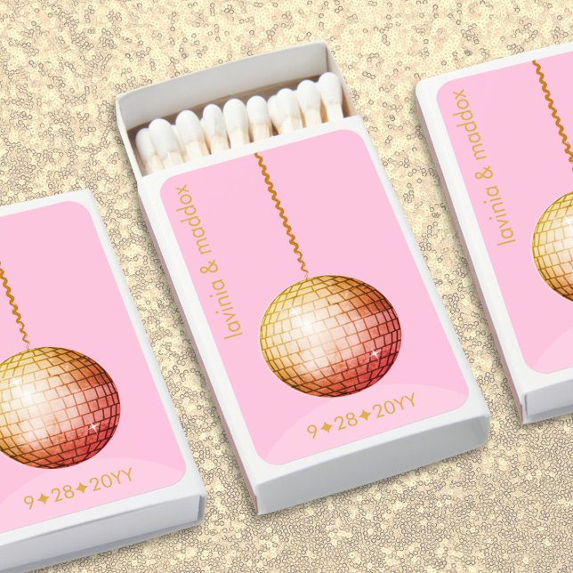 Elegant Disco Ball Pink Gold Wedding Favor Custom Matchboxes (Elegant pink and gold disco ball matches personalized with your name and wedding date.)