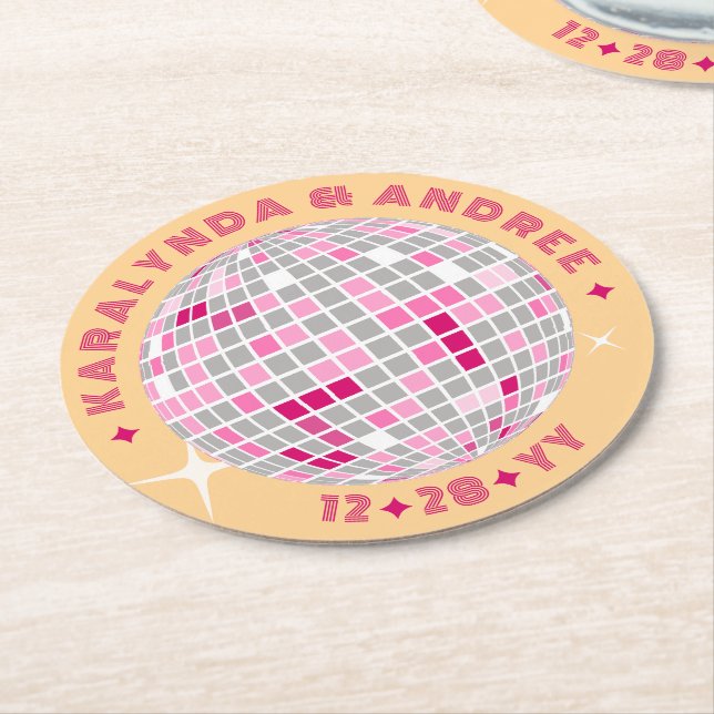 Elegant Disco Ball Pink Red Round Wedding Paper Coaster (Angled)