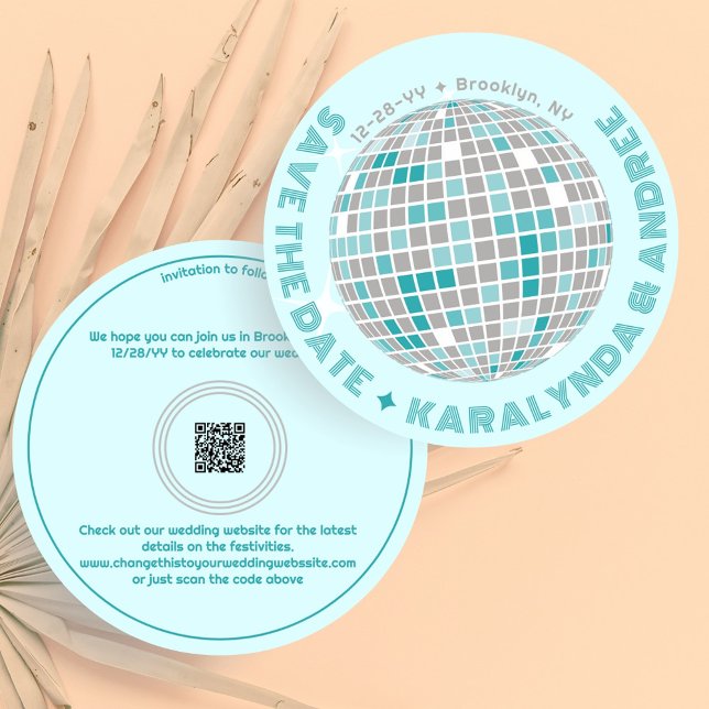 Elegant Disco Ball Teal Blue Round Wedding Save The Date (Elegant disco ball round Save the Date in light teal with QR code)