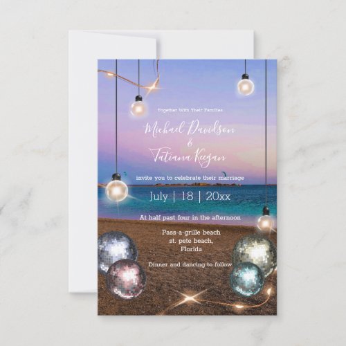elegant disco balls gold lights beach wedding  invitation