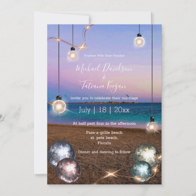 elegant disco balls gold lights beach wedding  invitation (Front)