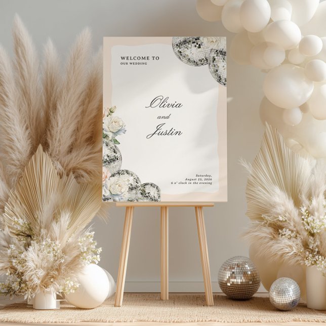 Elegant Disco Wedding Welcome Sign Peach Pink (Disco Elegant Wedding Welcome Sign Peach Pink)