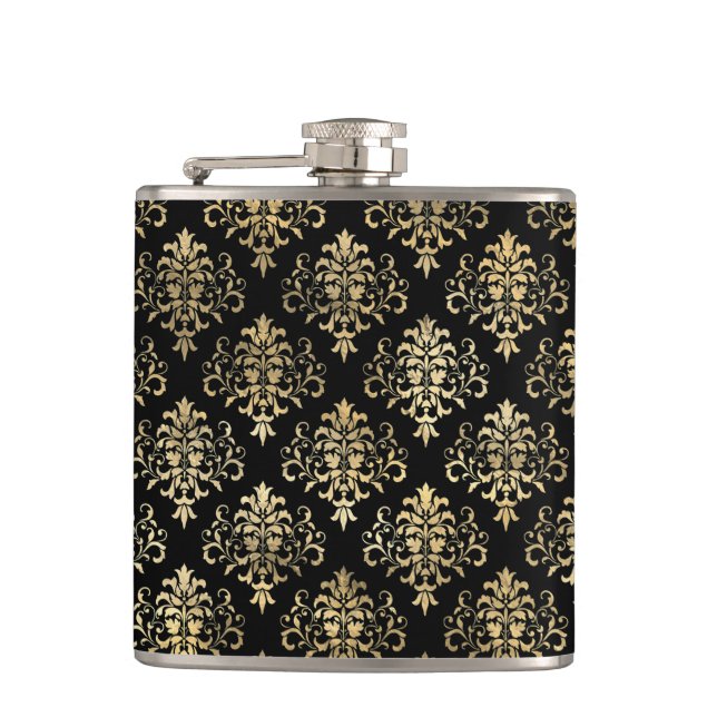 Elegant Distressed Gold Damask Pattern on Black Flask (Front)