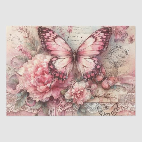 Elegant Distressed Pink Vintage Floral Butterfly Tissue Paper
