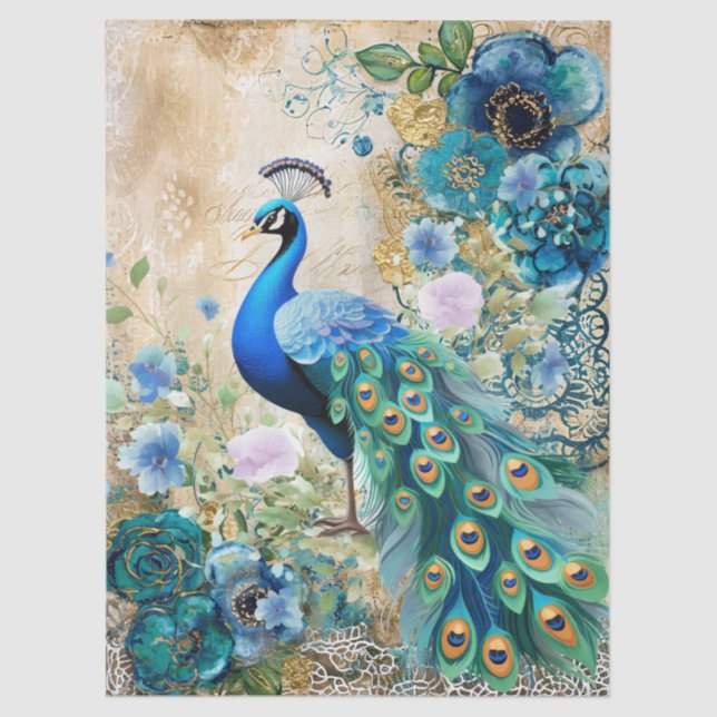 Elegant Distressed Teal Blue Florals & Peacock Tissue Paper (Front)