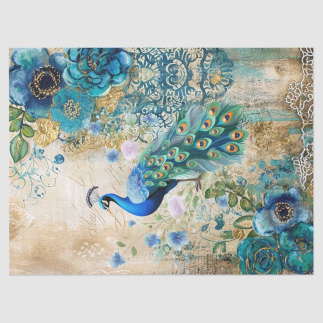 Elegant Distressed Teal Blue Florals & Peacock Tissue Paper (Front)