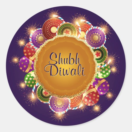 Elegant Diwali Colorful Fireworks Classic Round Sticker