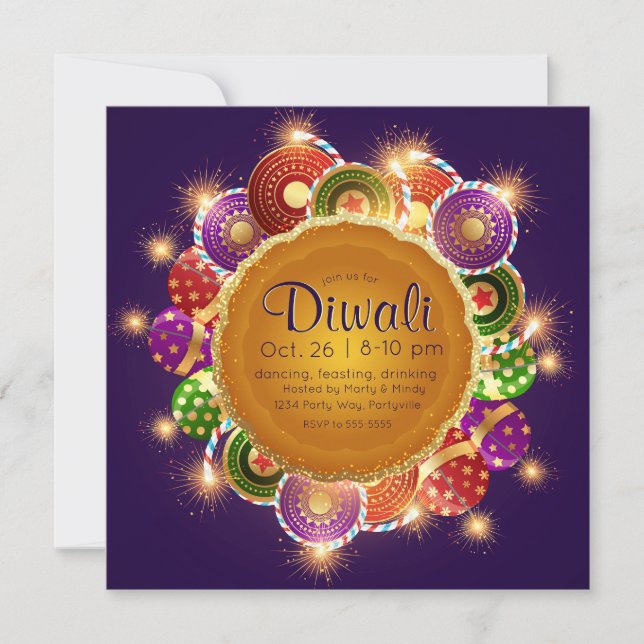 Elegant Diwali Colorful Fireworks Invitation (Front)