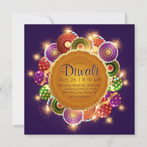 Elegant Diwali Colorful Fireworks Invitation