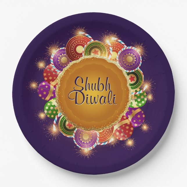 Elegant Diwali Colorful Fireworks Paper Plates (Front)