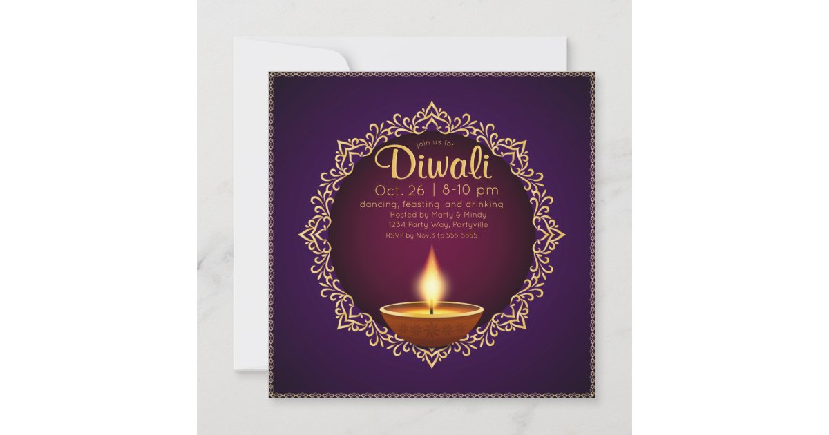 Elegant Diwali Diyas Purple Invitation | Zazzle