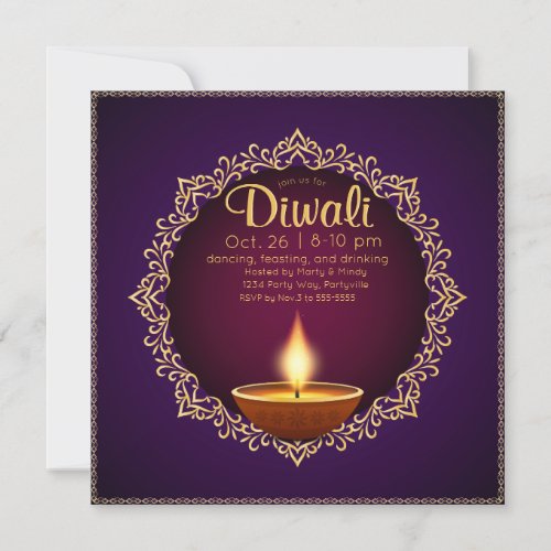 Elegant Diwali Diyas Purple Invitation