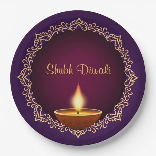 Elegant Diwali Diyas Purple Paper Plates