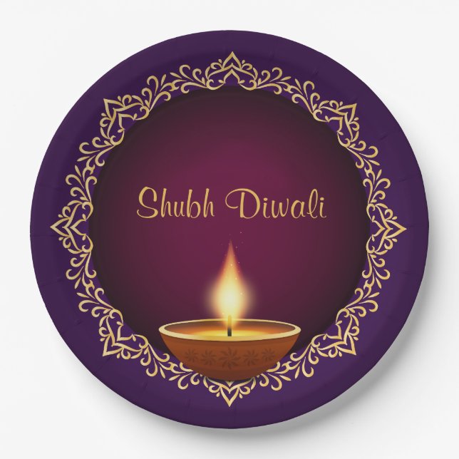 Elegant Diwali Diyas Purple Paper Plates (Front)