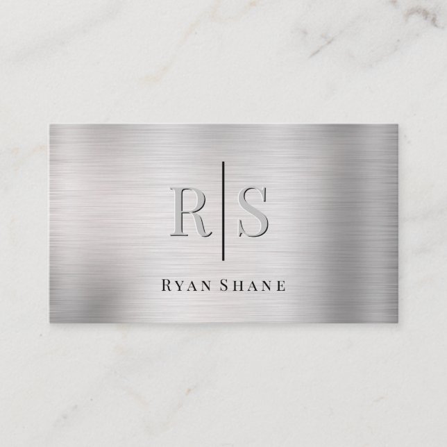 Elegant DIY 3-D Monogram & Blk Name Brushed Silver Business Card (Front)