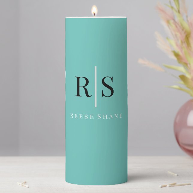 Elegant DIY Black Monogram & White Name, Light Tea Pillar Candle (In Situ)
