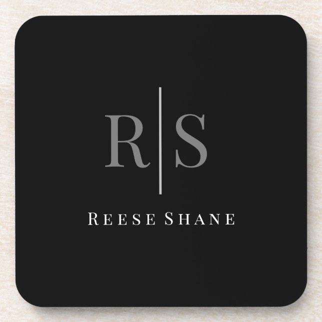 Elegant DIY Gray Monogram & White Name, Black Beverage Coaster (Front)