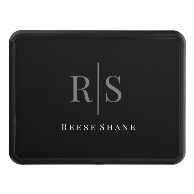 Elegant DIY Gray Monogram & White Name, Black Hitch Cover (Front)