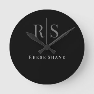 Elegant DIY Gray Monogram & White Name, Black Round Clock