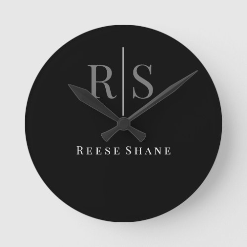 Elegant DIY Gray Monogram  White Name Black Round Clock