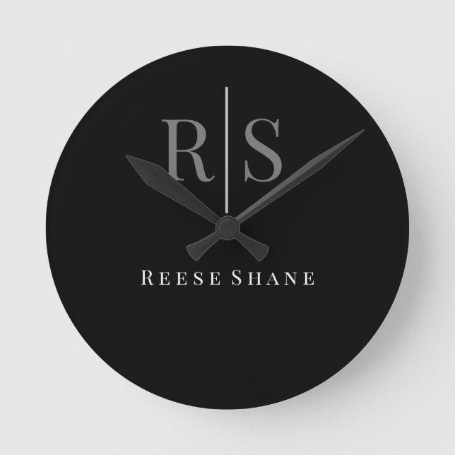 Elegant DIY Gray Monogram & White Name, Black Round Clock (Front)