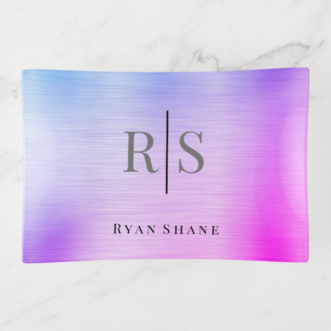 Elegant DIY Grey Monogram Blk Name, Blue & Purple Trinket Tray (Front)