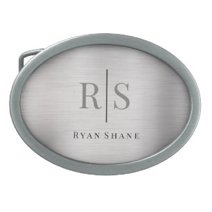 Elegant DIY Grey Monogram Blk Name, Brushed Silver Belt Buckle