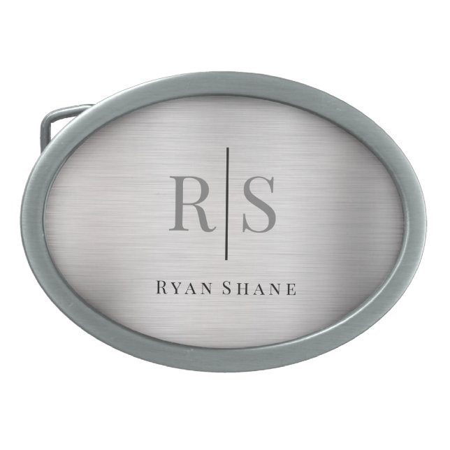 Elegant DIY Grey Monogram Blk Name, Brushed Silver Belt Buckle (Front)