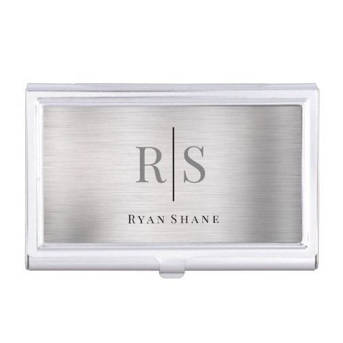 Elegant DIY Grey Monogram Blk Name Brushed Silver Business Card Case