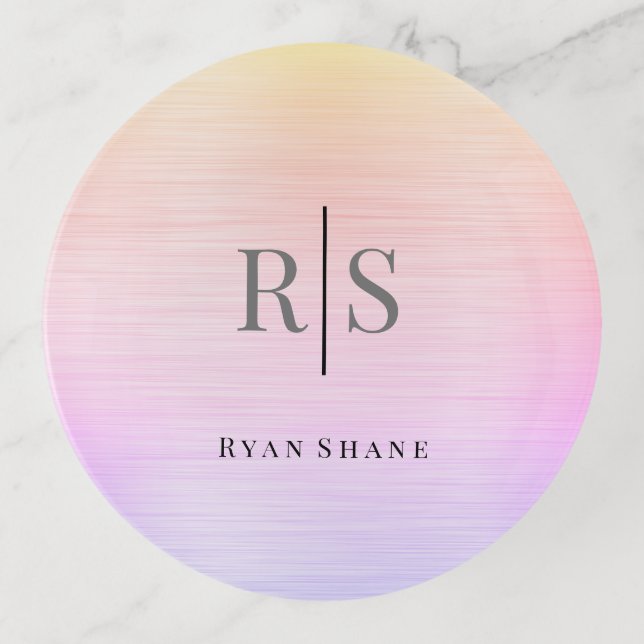 Elegant DIY Grey Monogram Blk Name, Rainbow Trinket Tray (Front)