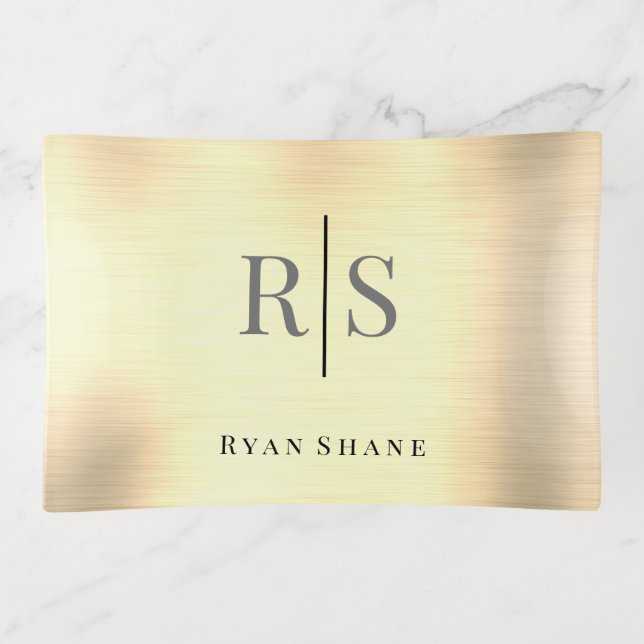 Elegant DIY Grey Monogram Blk Name, Yellow Gold Trinket Tray (Front)