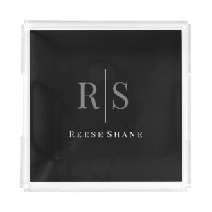 Elegant DIY Grey Monogram & White Name, Black Acrylic Tray