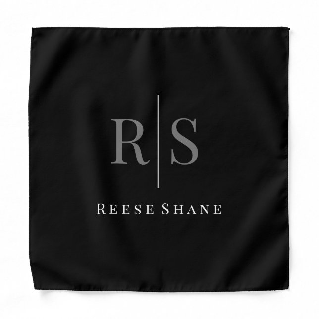 Elegant DIY Grey Monogram & White Name, Black Bandana (Front)