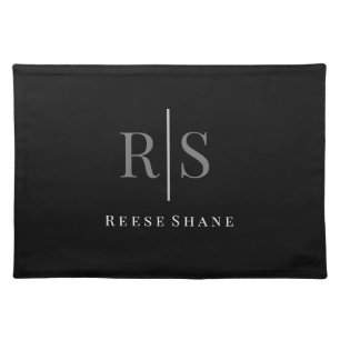 Elegant DIY Grey Monogram & White Name, Black Cloth Placemat
